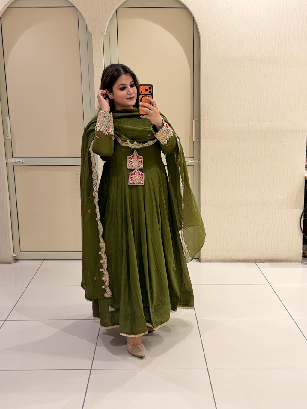 Olive Green Embroidered Anarkali Suit Set