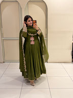 Olive Green Embroidered Anarkali Suit Set