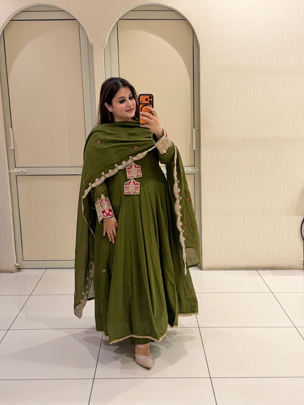 Olive Green Embroidered Anarkali Suit Set