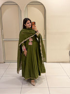 Olive Green Embroidered Anarkali Suit Set