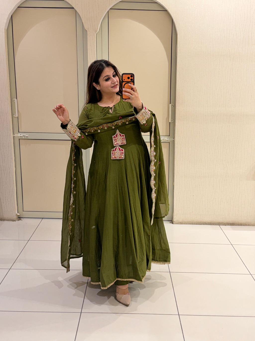 Olive Green Embroidered Anarkali Suit Set