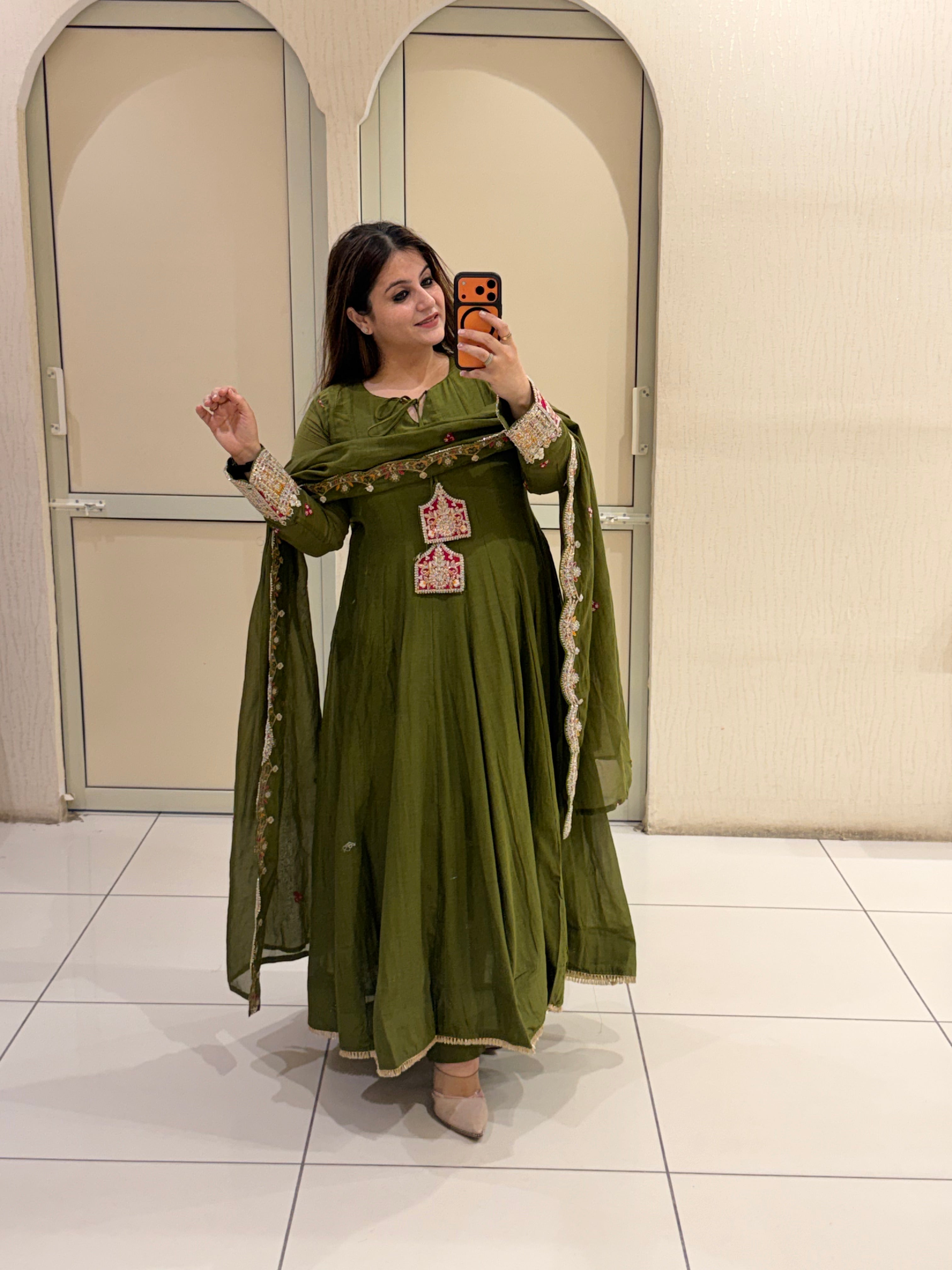 Olive Green Embroidered Anarkali Suit Set