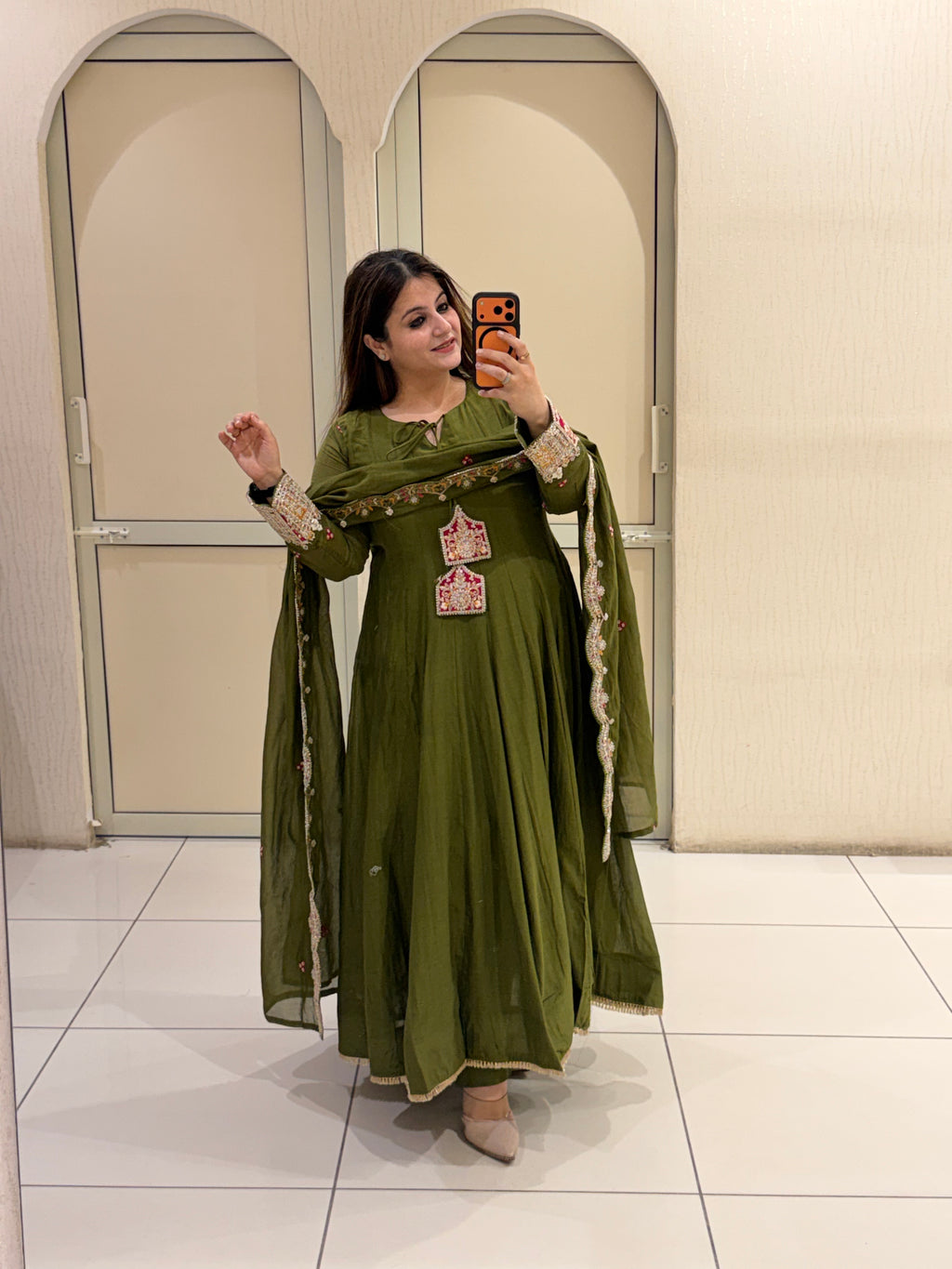 Olive Green Embroidered Anarkali Suit Set