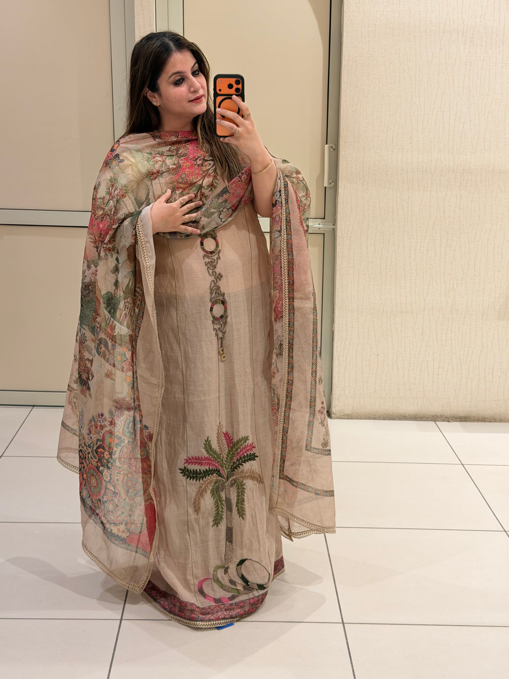 Unstitched Beige Mul Chanderi Printed Suit (Premium Collection)