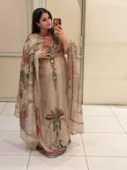 Unstitched Beige Mul Chanderi Printed Suit (Premium Collection)