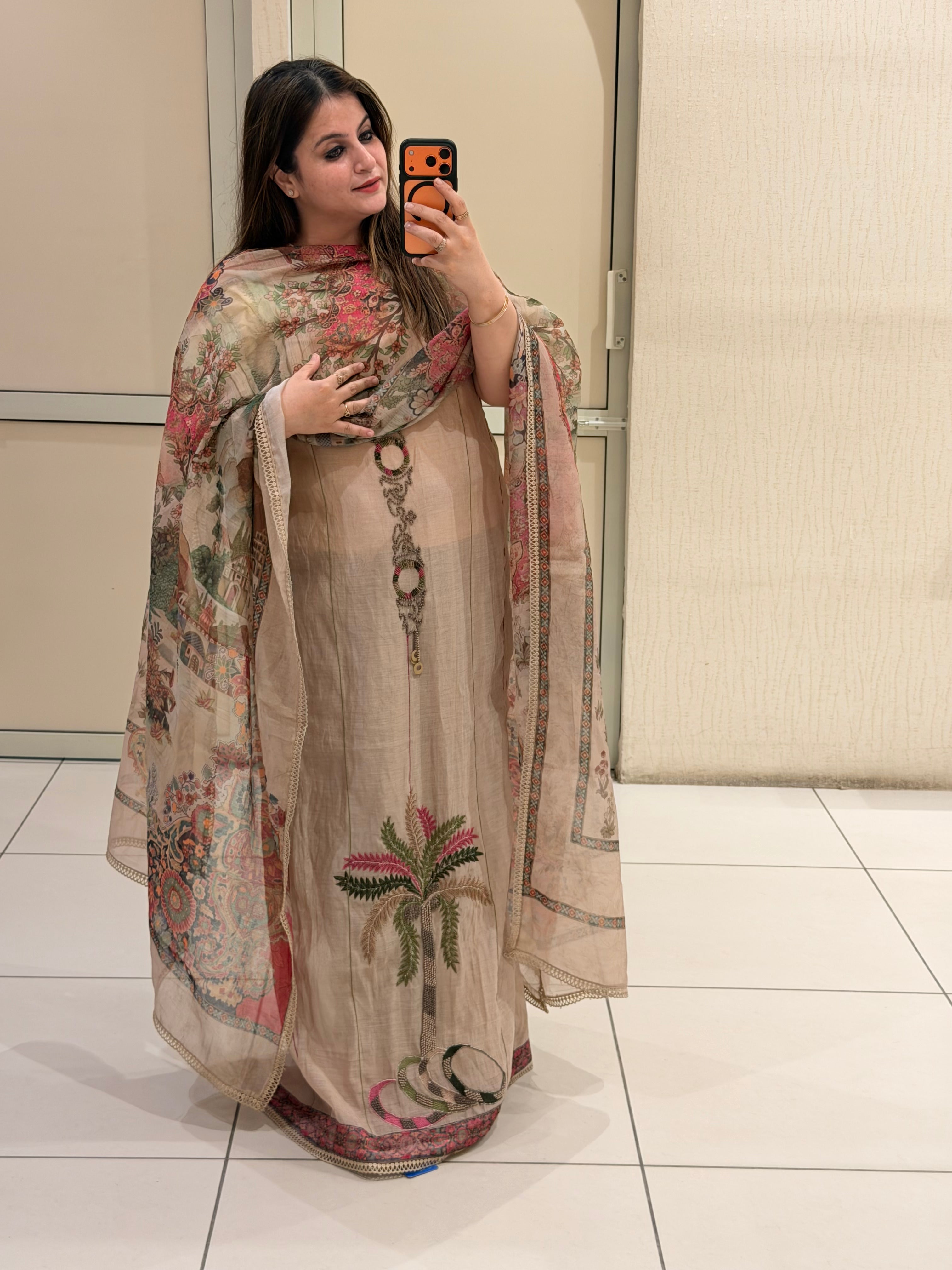 Unstitched Beige Mul Chanderi Printed Suit (Premium Collection)