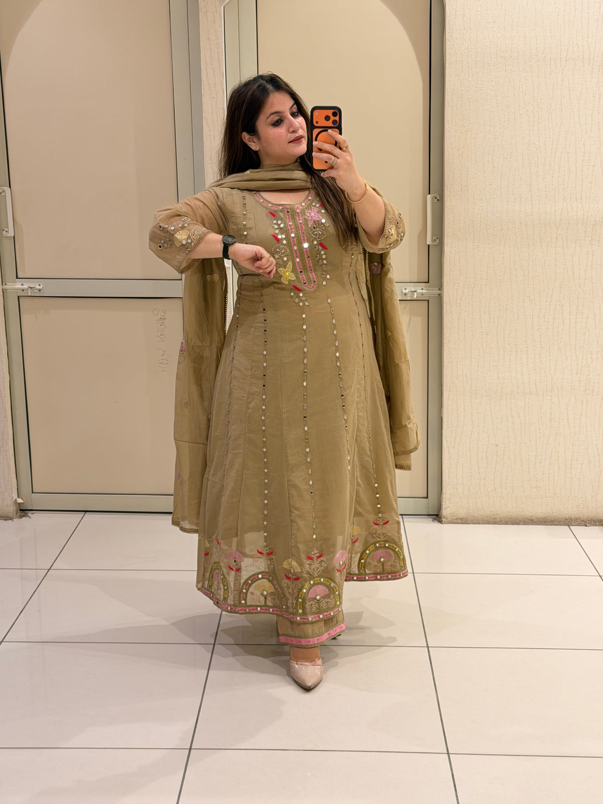 Elegant Beige Embroidered Party Wear Suit Set with Floral Border Work