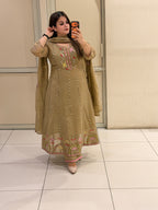 Elegant Beige Embroidered Party Wear Suit Set with Floral Border Work