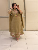 Elegant Beige Embroidered Party Wear Suit Set with Floral Border Work