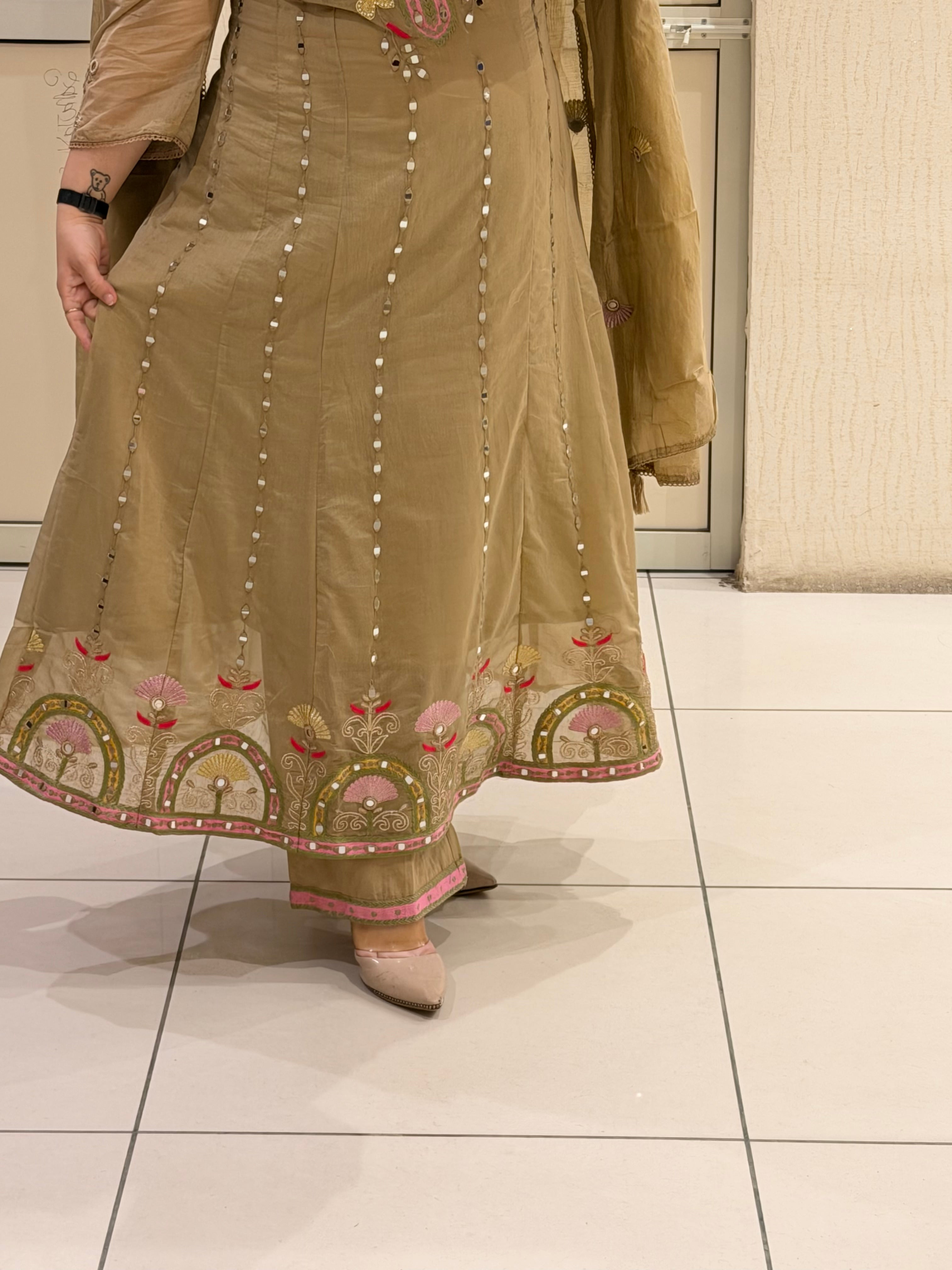 Elegant Beige Embroidered Party Wear Suit Set with Floral Border Work
