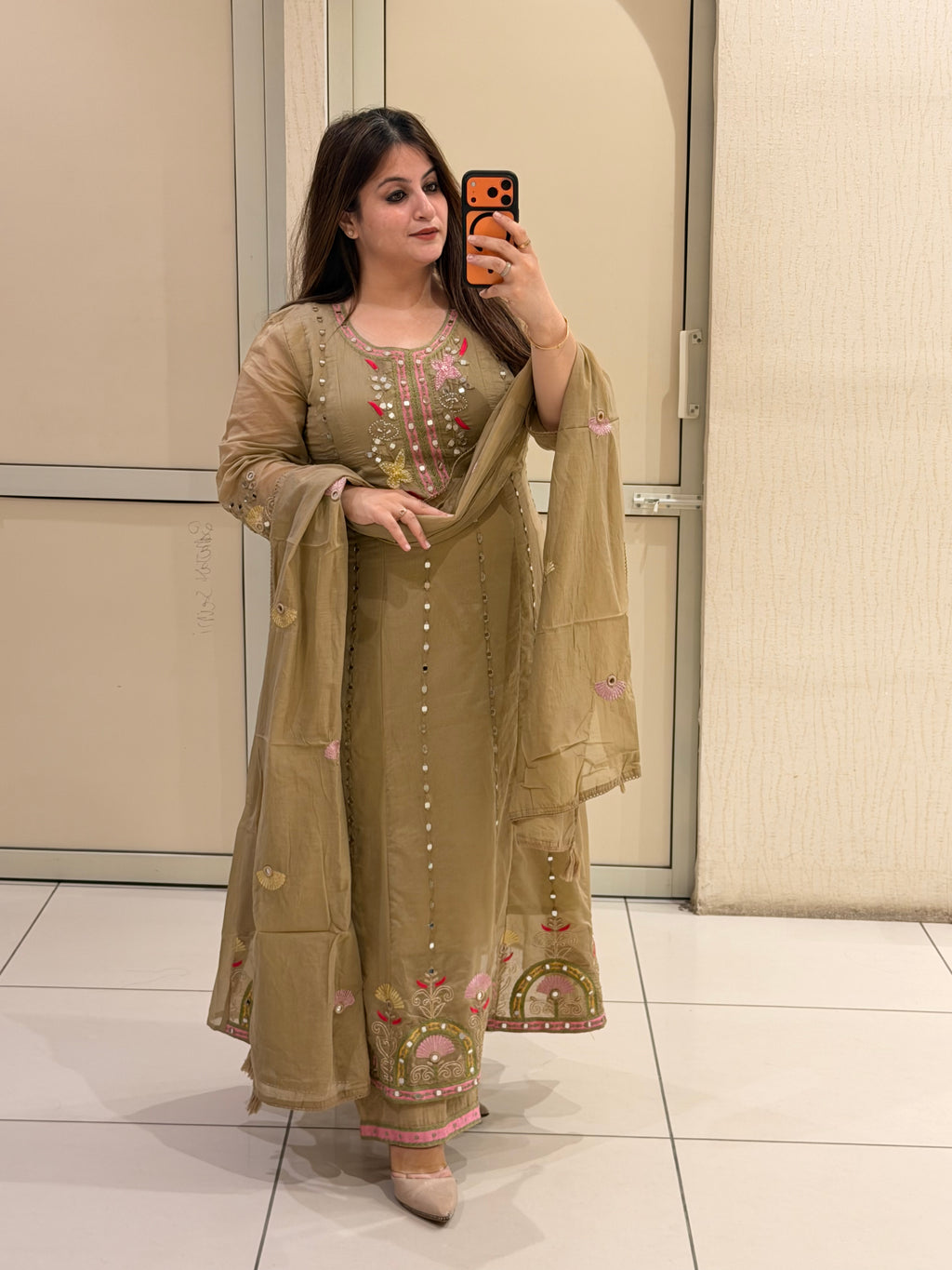 Elegant Beige Embroidered Party Wear Suit Set with Floral Border Work