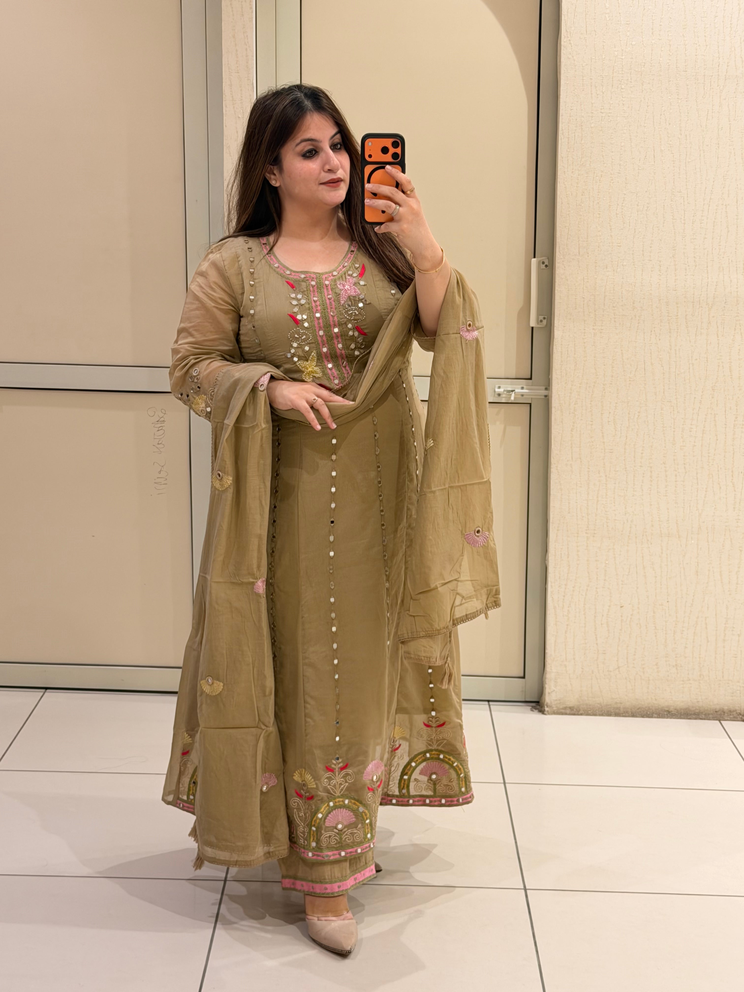 Elegant Beige Embroidered Party Wear Suit Set with Floral Border Work