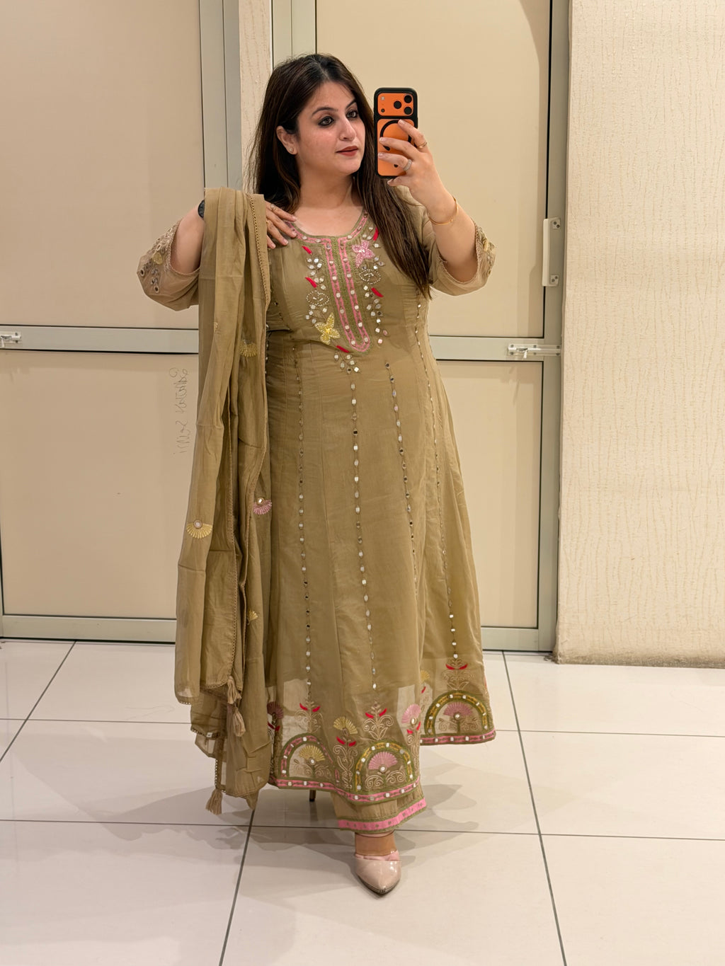 Elegant Beige Embroidered Party Wear Suit Set with Floral Border Work