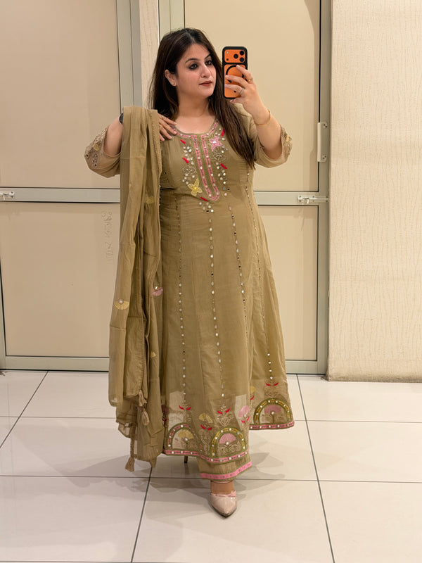 Elegant Beige Embroidered Party Wear Suit Set with Floral Border Work