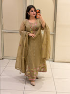 Elegant Beige Embroidered Party Wear Suit Set with Floral Border Work