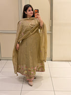 Elegant Beige Embroidered Party Wear Suit Set with Floral Border Work