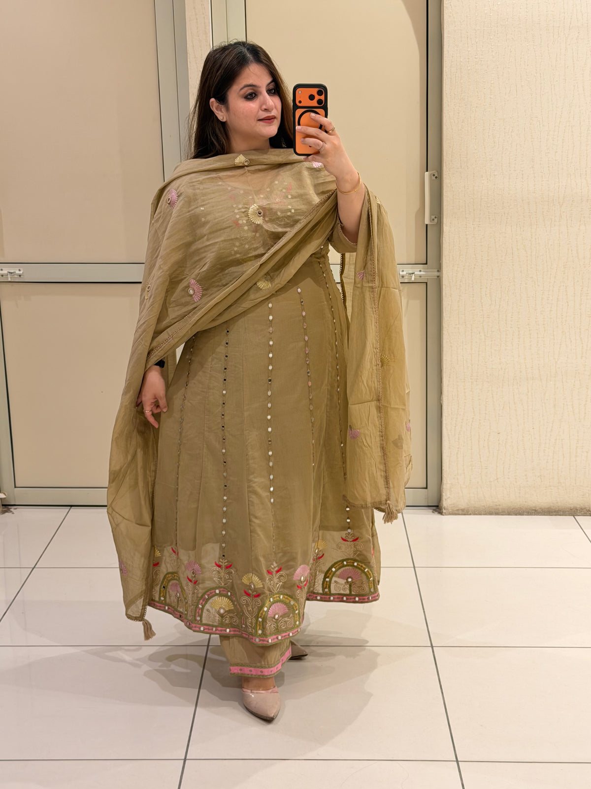 Elegant Beige Embroidered Party Wear Suit Set with Floral Border Work