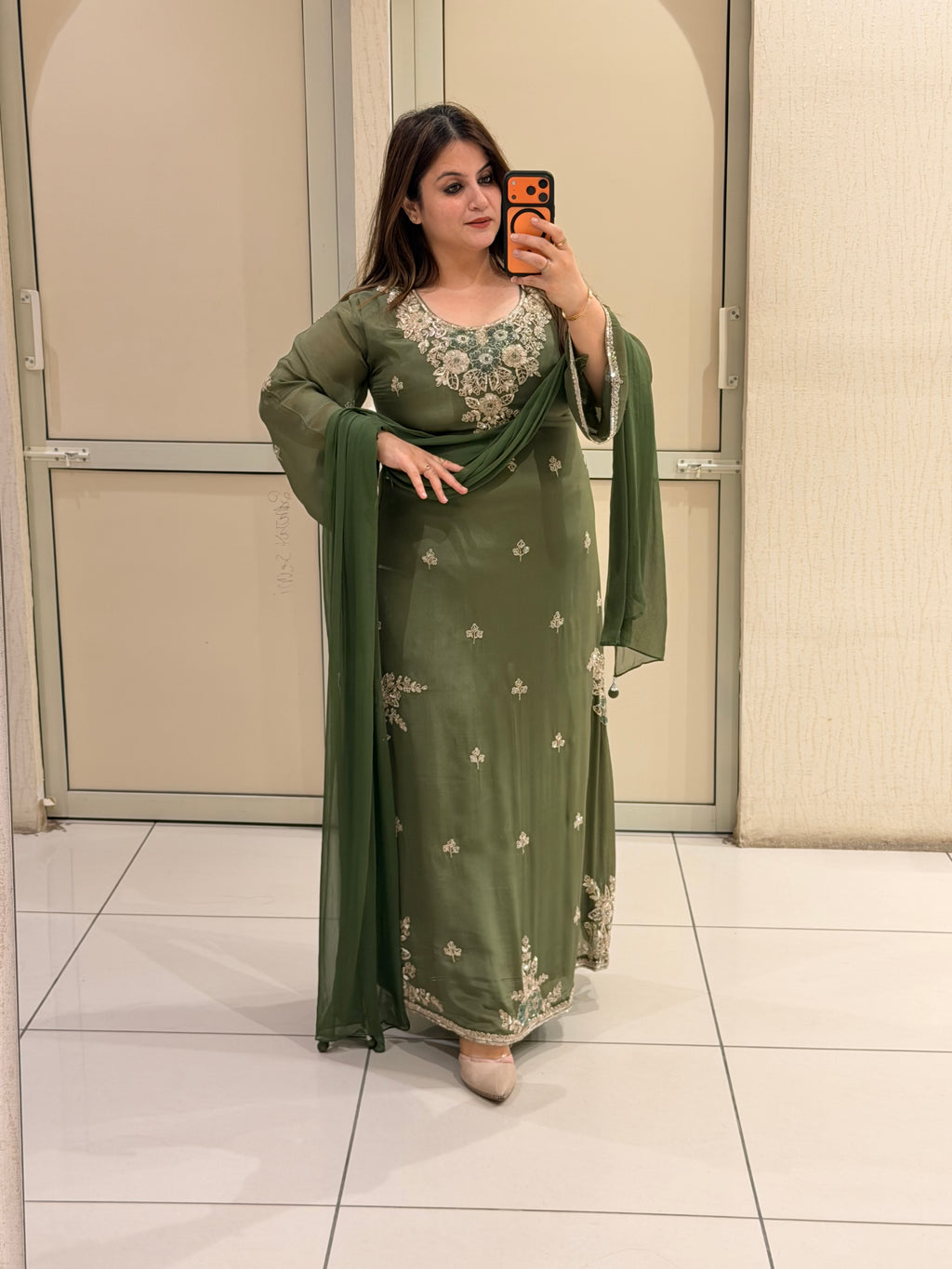 Olive Green Embroidered Party Wear Suit Set with Floral Work & Designer Border