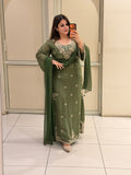 Olive Green Embroidered Party Wear Suit Set with Floral Work & Designer Border