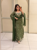 Olive Green Embroidered Party Wear Suit Set with Floral Work & Designer Border