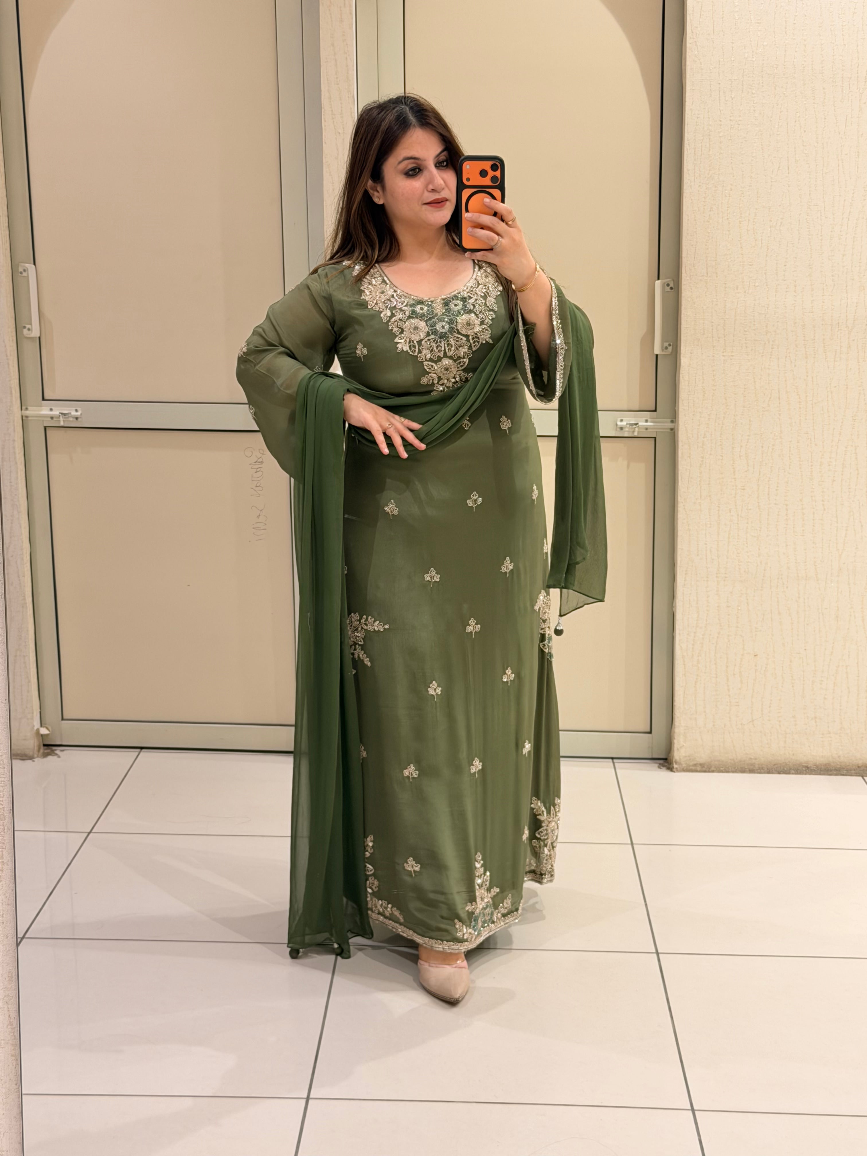 Olive Green Embroidered Party Wear Suit Set with Floral Work & Designer Border
