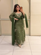 Olive Green Embroidered Party Wear Suit Set with Floral Work & Designer Border