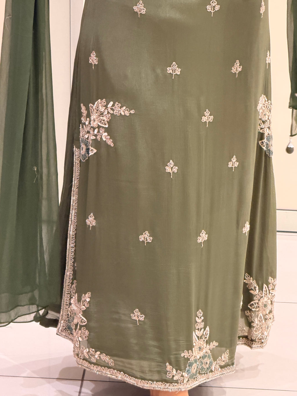 Olive Green Embroidered Party Wear Suit Set with Floral Work & Designer Border