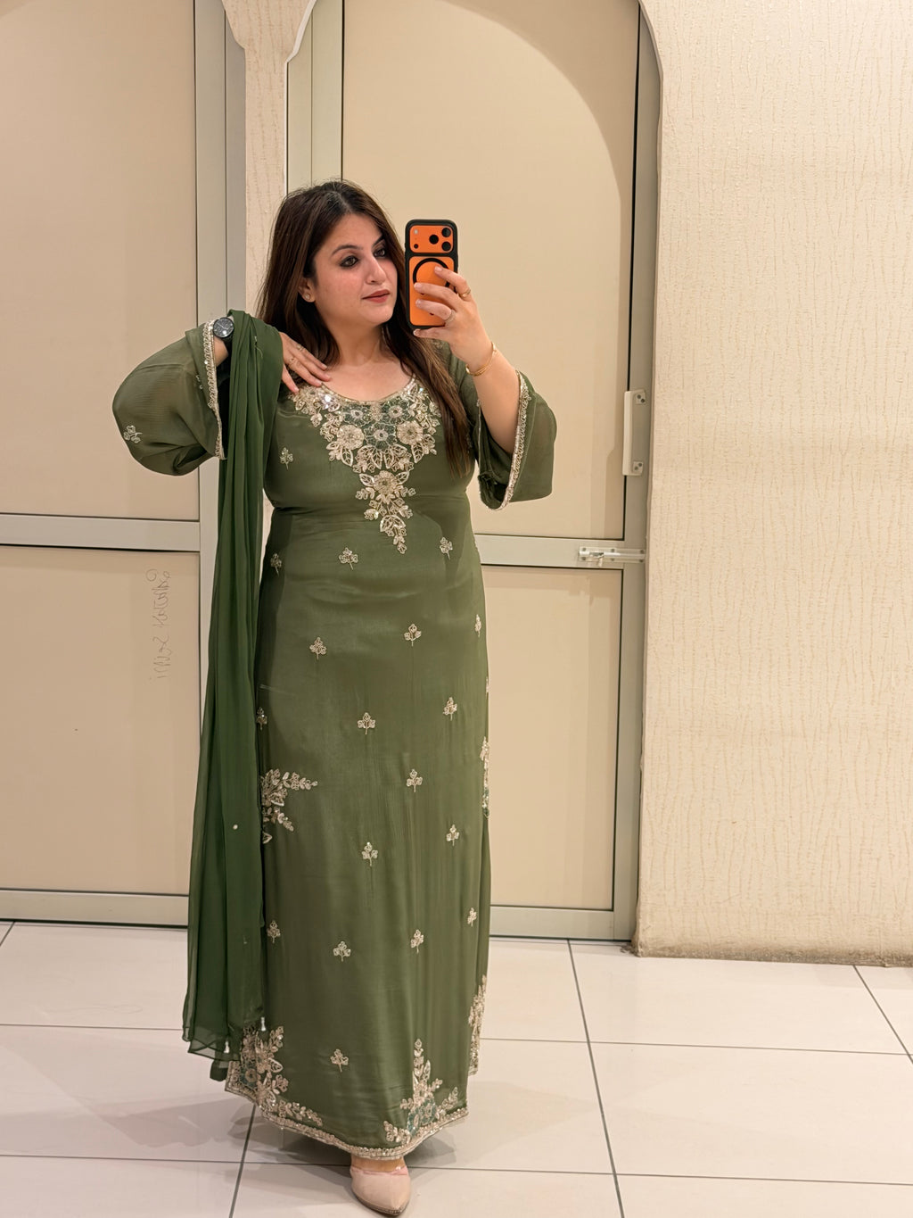 Olive Green Embroidered Party Wear Suit Set with Floral Work & Designer Border
