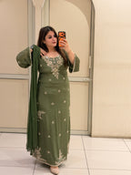 Olive Green Embroidered Party Wear Suit Set with Floral Work & Designer Border