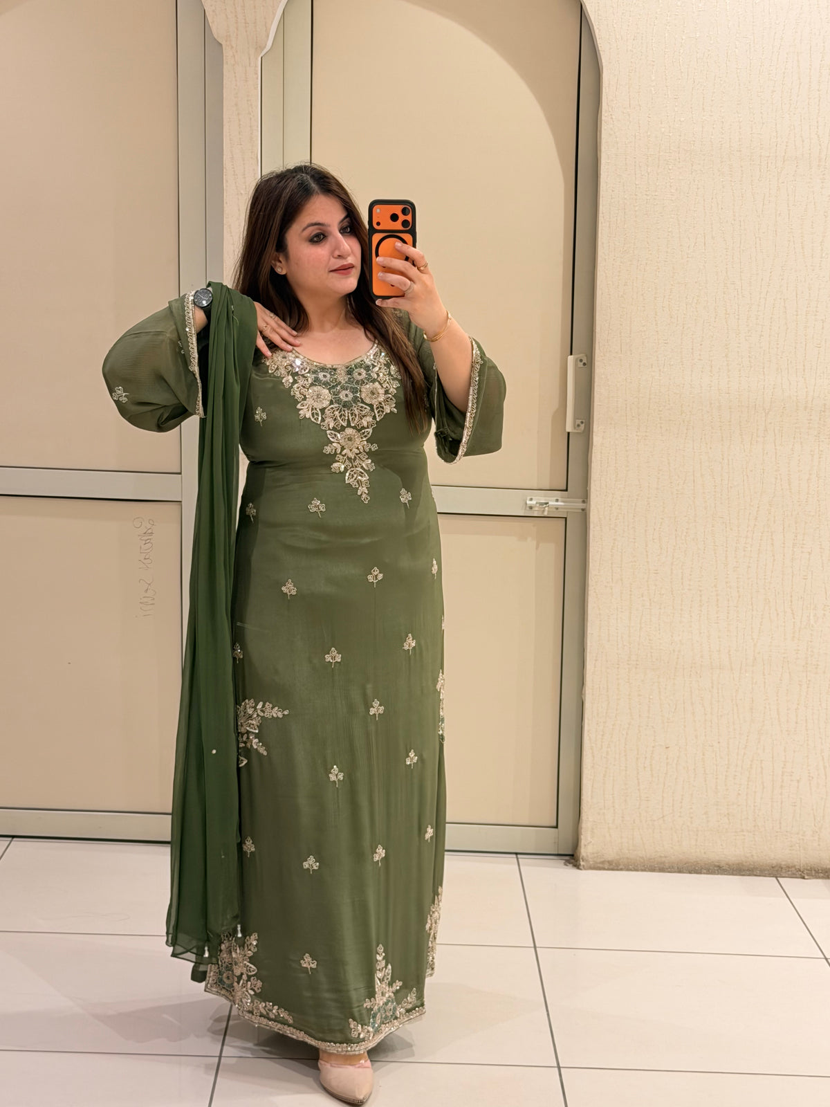 Olive Green Embroidered Party Wear Suit Set with Floral Work & Designer Border