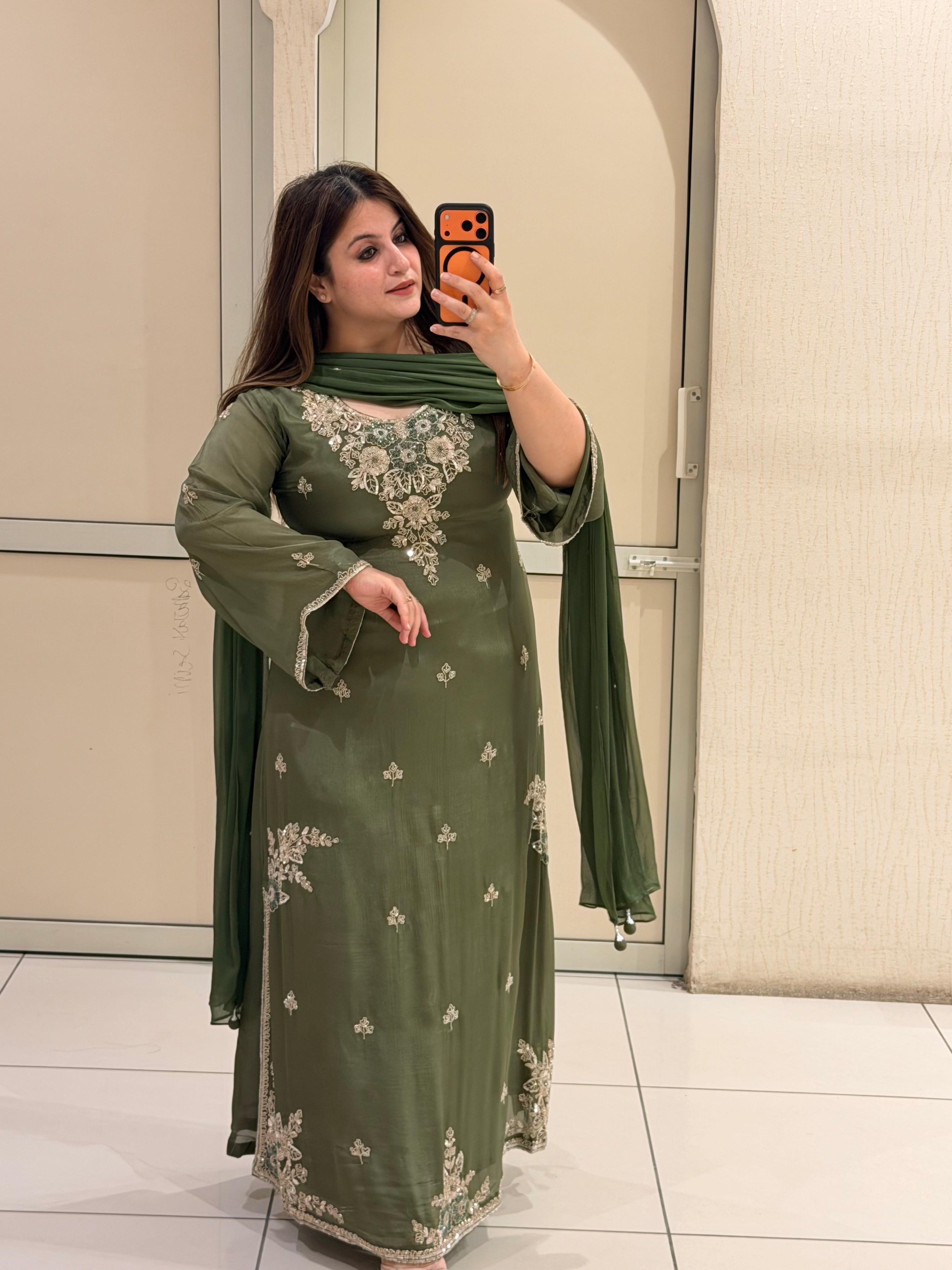Olive Green Embroidered Party Wear Suit Set with Floral Work & Designer Border