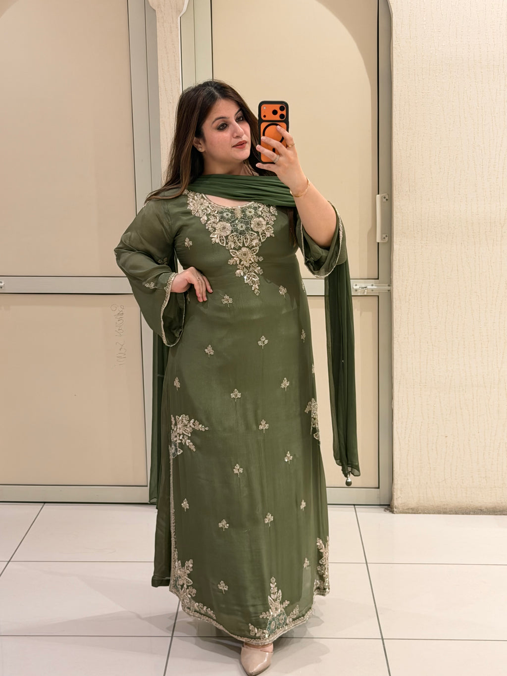 Olive Green Embroidered Party Wear Suit Set with Floral Work & Designer Border