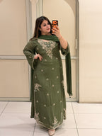 Olive Green Embroidered Party Wear Suit Set with Floral Work & Designer Border