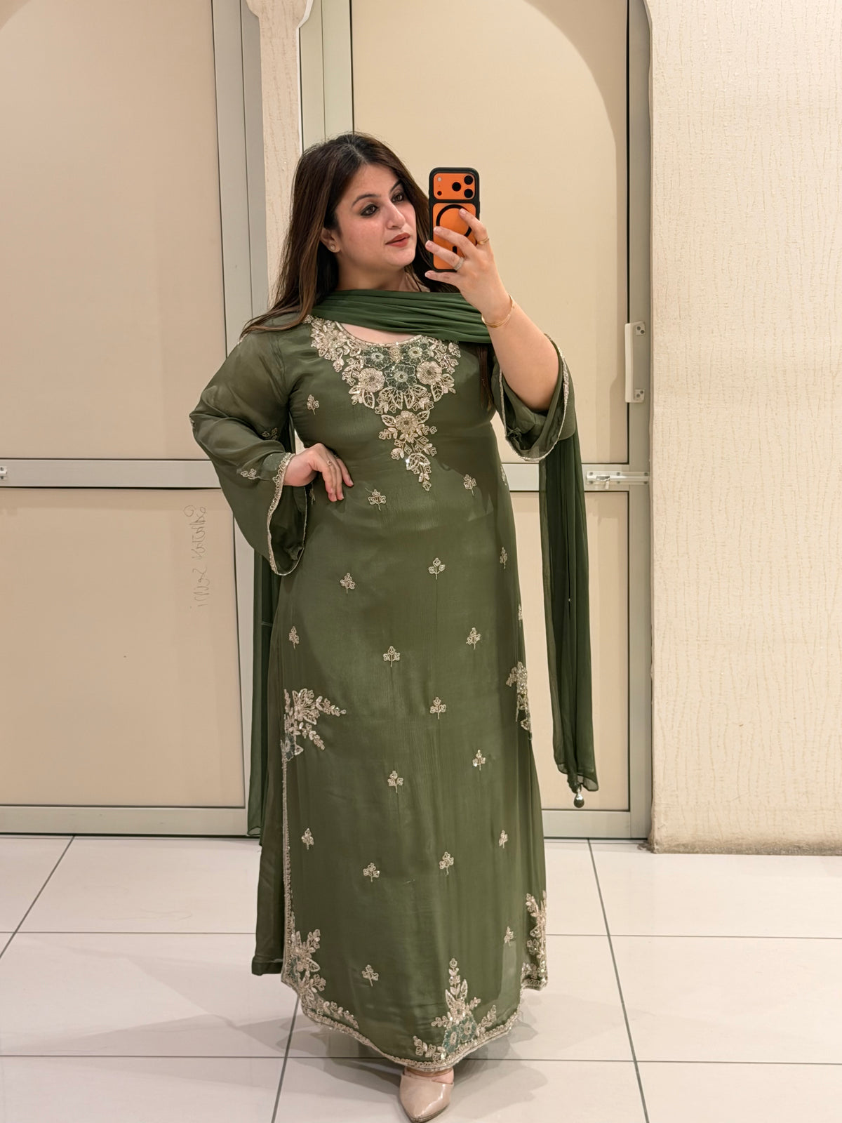 Olive Green Embroidered Party Wear Suit Set with Floral Work & Designer Border