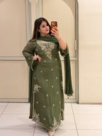 Olive Green Embroidered Party Wear Suit Set with Floral Work & Designer Border