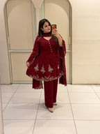 Wine Red Embroidered Party Wear Suit Set with Sequin & Floral Border Work