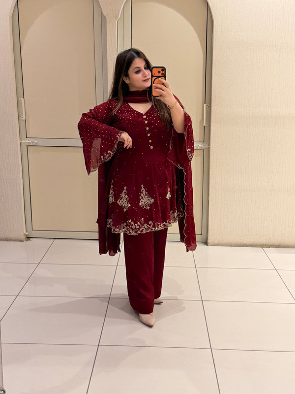 Wine Red Embroidered Party Wear Suit Set with Sequin & Floral Border Work