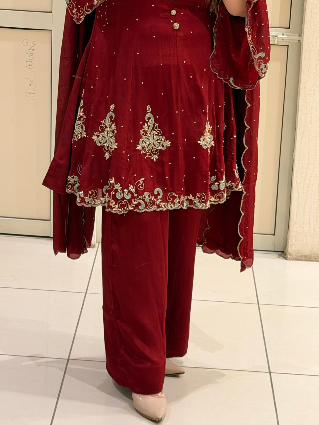 Wine Red Embroidered Party Wear Suit Set with Sequin & Floral Border Work