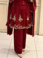 Wine Red Embroidered Party Wear Suit Set with Sequin & Floral Border Work