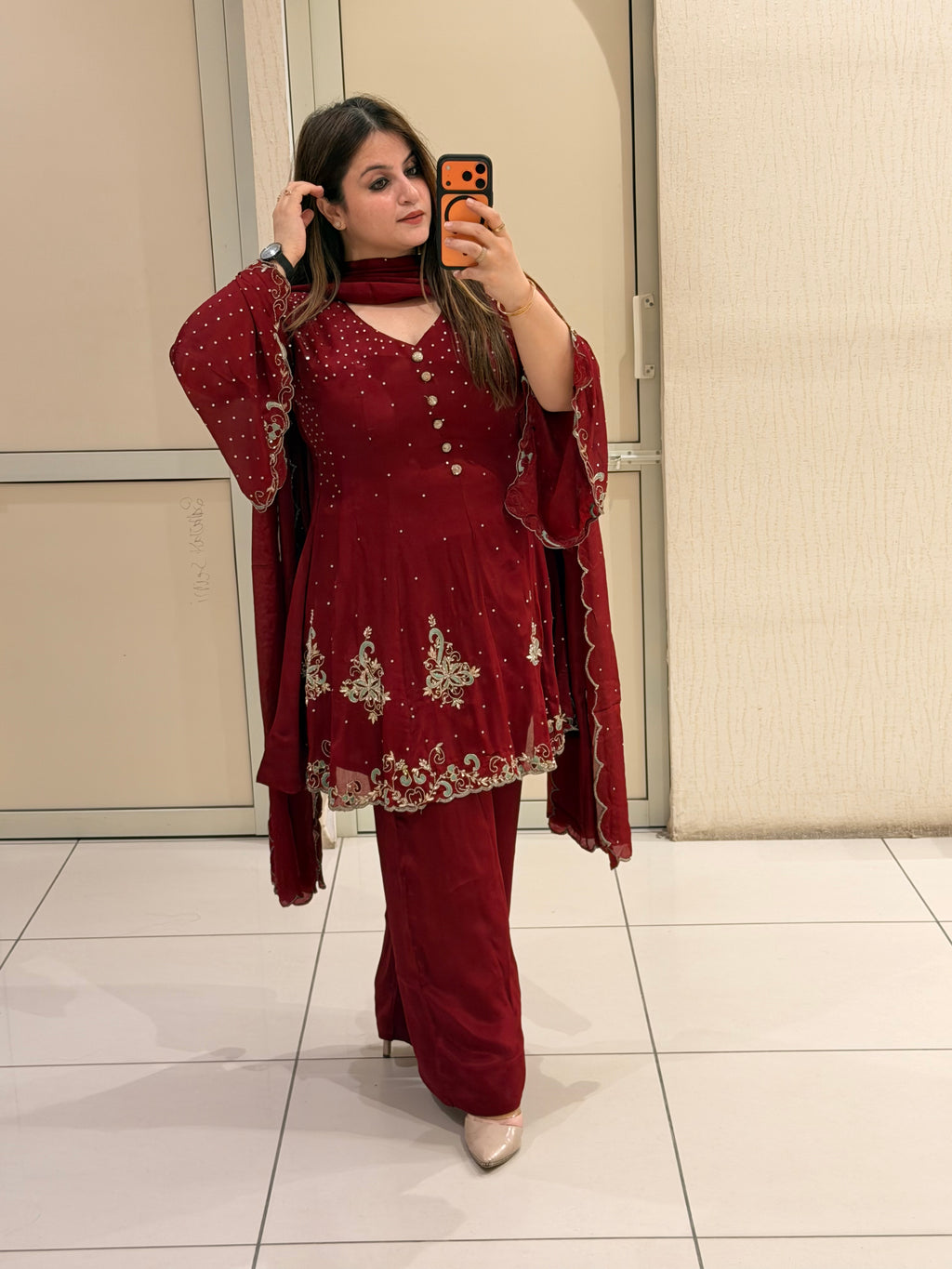 Wine Red Embroidered Party Wear Suit Set with Sequin & Floral Border Work