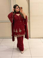 Wine Red Embroidered Party Wear Suit Set with Sequin & Floral Border Work