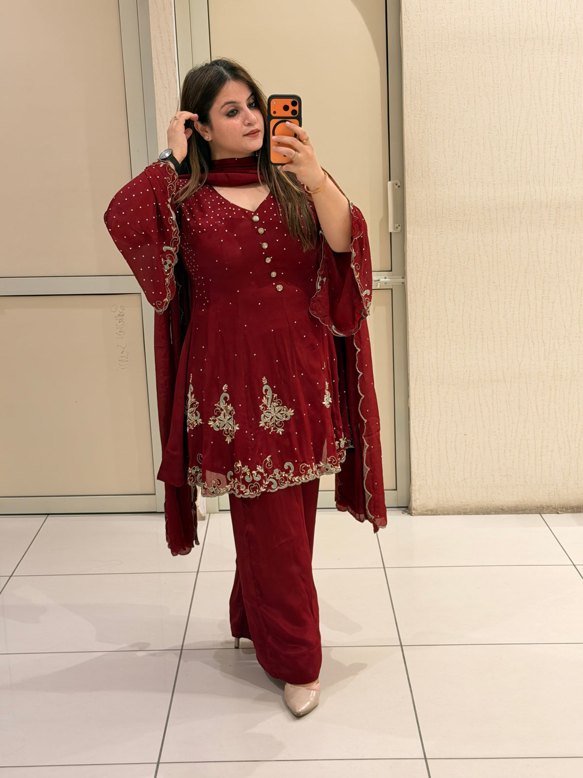 Wine Red Embroidered Party Wear Suit Set with Sequin & Floral Border Work