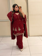 Wine Red Embroidered Party Wear Suit Set with Sequin & Floral Border Work