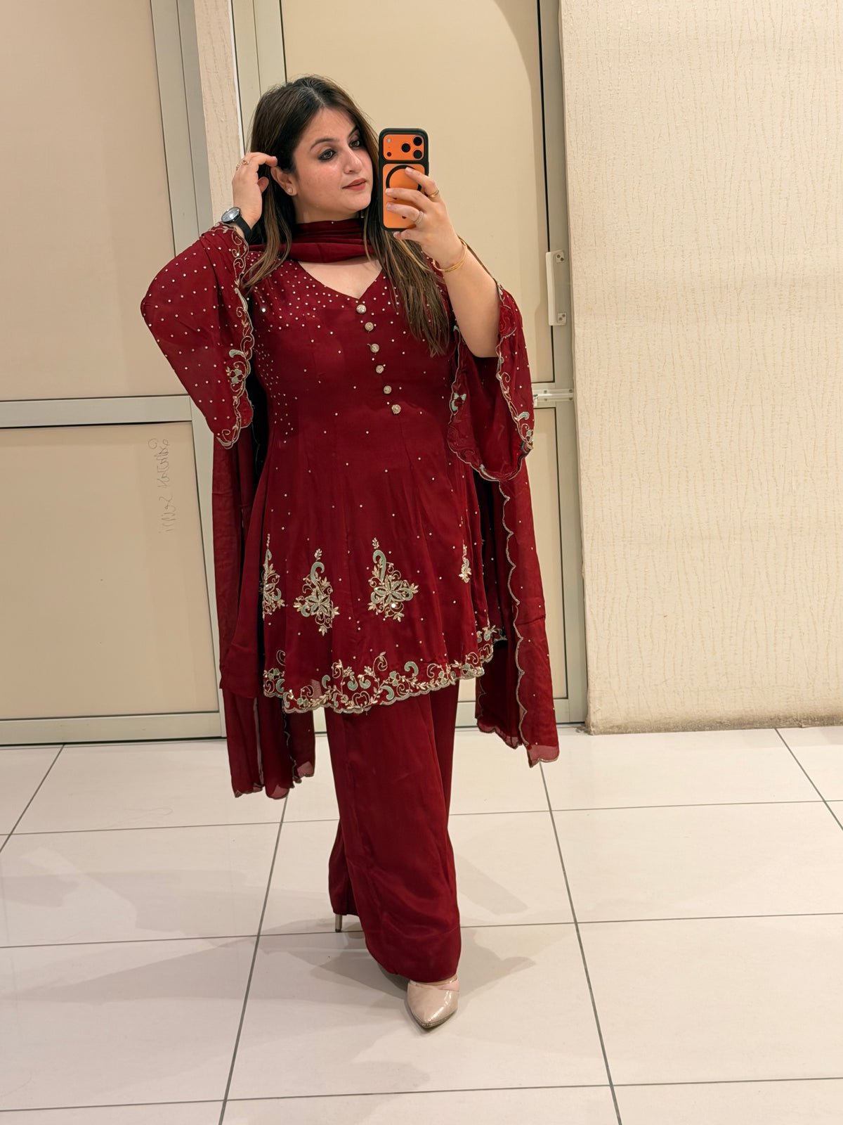 Wine Red Embroidered Party Wear Suit Set with Sequin & Floral Border Work