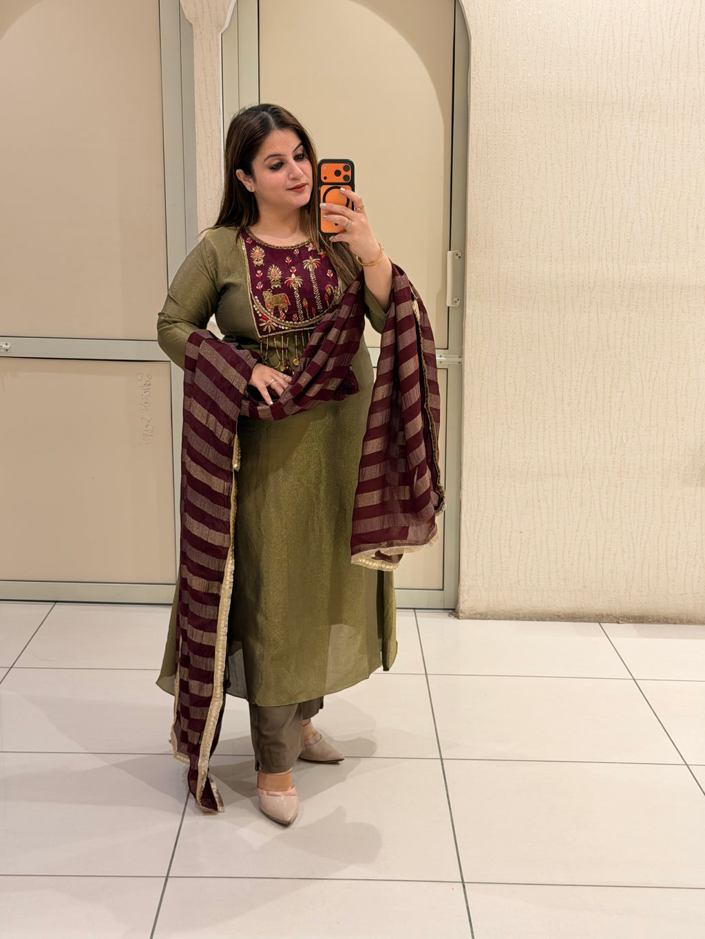 Olive Green Embroidered Party Wear Suit Set with Maroon Dupatta