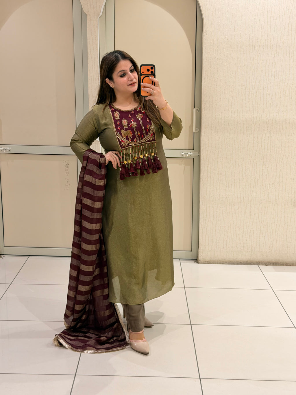 Olive Green Embroidered Party Wear Suit Set with Maroon Dupatta