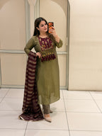 Olive Green Embroidered Party Wear Suit Set with Maroon Dupatta