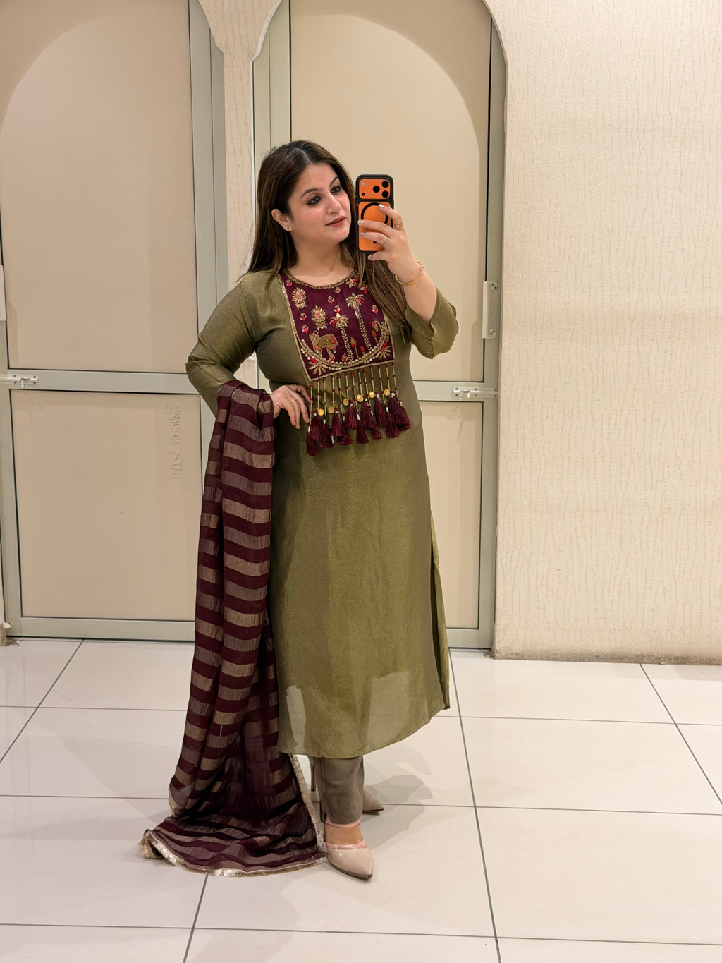 Olive Green Embroidered Party Wear Suit Set with Maroon Dupatta