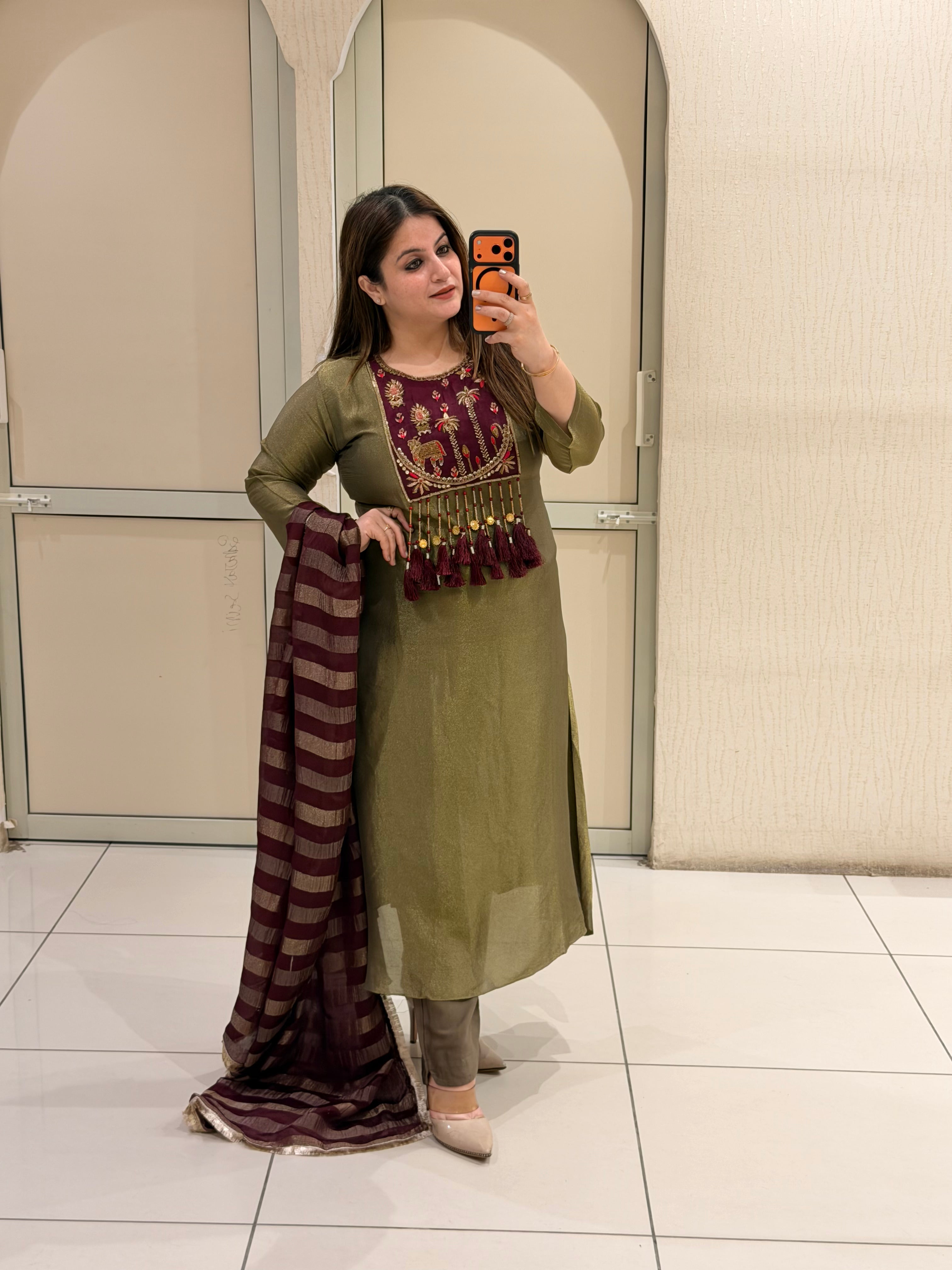 Olive Green Embroidered Party Wear Suit Set with Maroon Dupatta