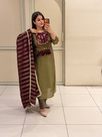 Olive Green Embroidered Party Wear Suit Set with Maroon Dupatta